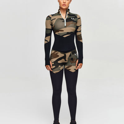 Half Zip Long Sleeve Top - Coffee Camo