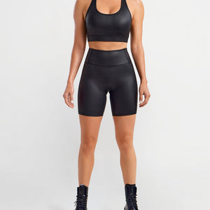 Faux Leather Active Bra - Black