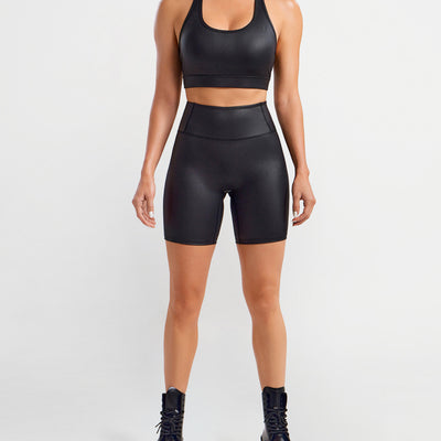 Faux Leather Active Bra - Black