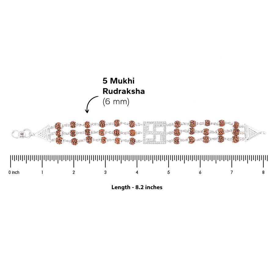 Rudraksha Silver Swastik Triple Line Bracelet