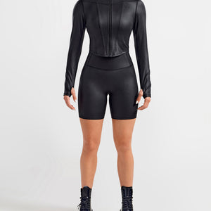 Faux Leather Cargo Moto Jacket - Black