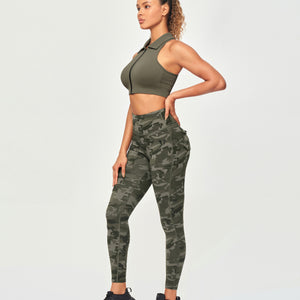 Ribbed Full Zip Padded Tank Top - Olive Green