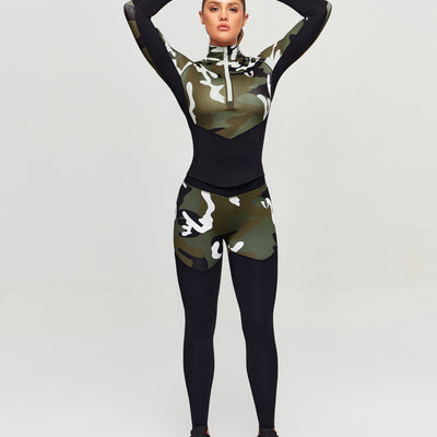 Half Zip Long Sleeve Top - White Green Camo