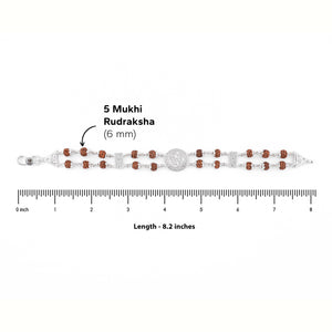 Silver Rakhi with Original Rudraksha, Central Om in Circular Sphere, Double Line Design for Men