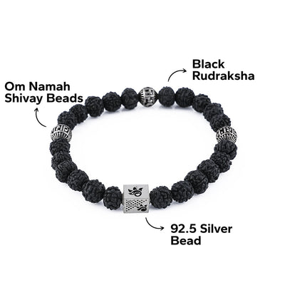 Black Rudraksha with Om Namah Shivay Silver Beads Bracelet