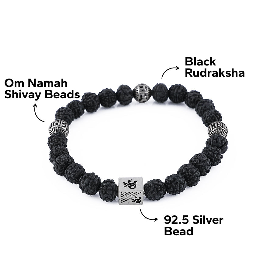 Black Rudraksha with Om Namah Shivay Silver Beads Bracelet