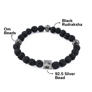 Black Rudraksha and Om Silver Beads Bracelet