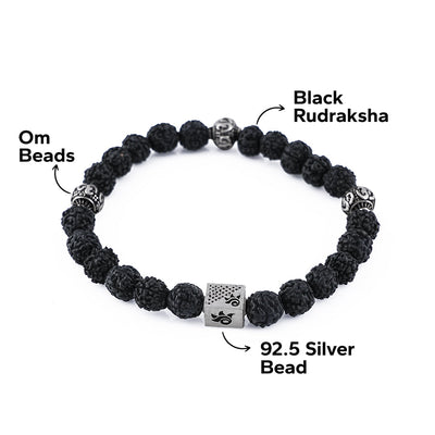 Black Rudraksha and Om Silver Beads Bracelet
