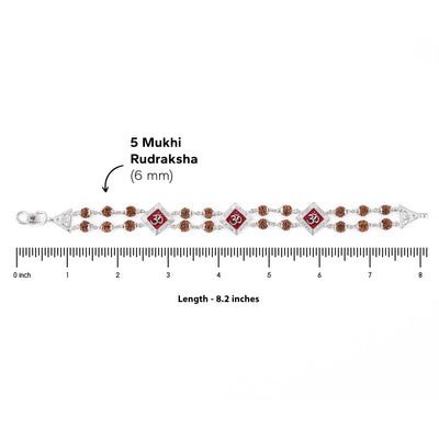 Silver Rakhi with Rudraksha, Om, and Three Rhombus Brooches, Double Line Design