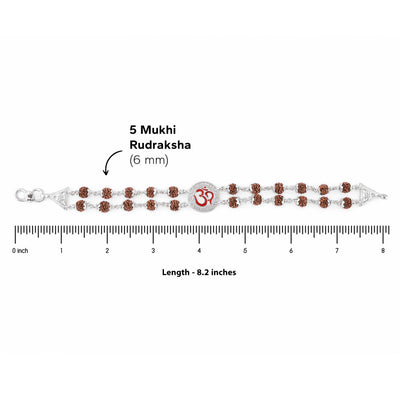Silver Rakhi with Rudraksha, Om in Round Shape, Double Line Bracelet