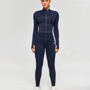 Contrast Stitching Moto Jacket - Navy Blue