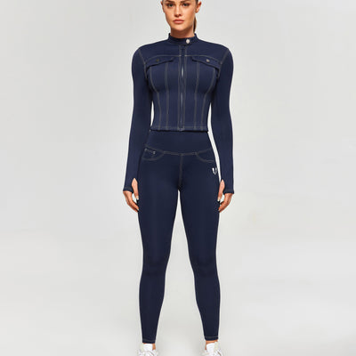 Contrast Stitching Moto Jacket - Navy Blue