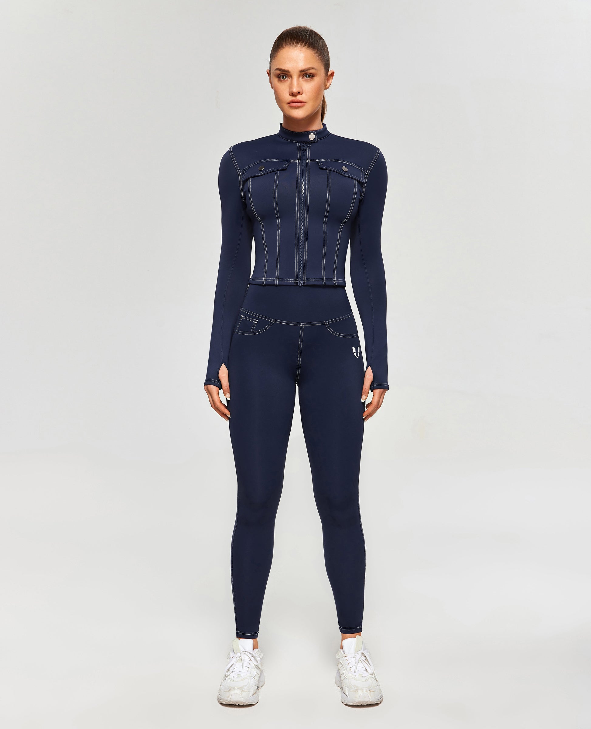 Contrast Stitching Moto Jacket - Navy Blue