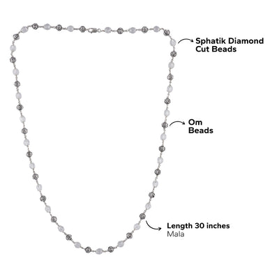 SPHATIK DIAMOND CUT BEADS WITH OM SILVER BEADS MALA