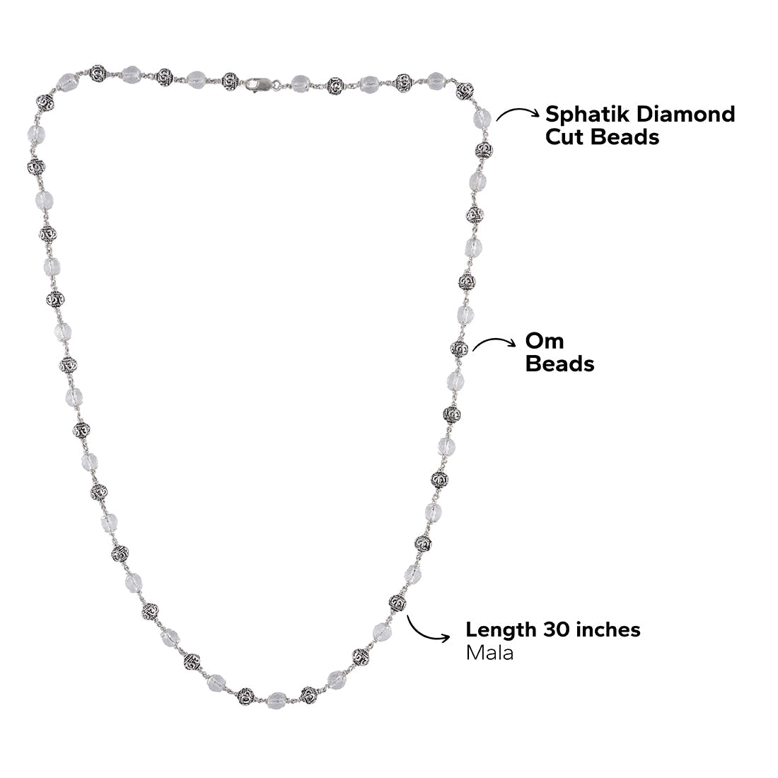 SPHATIK DIAMOND CUT BEADS WITH OM SILVER BEADS MALA