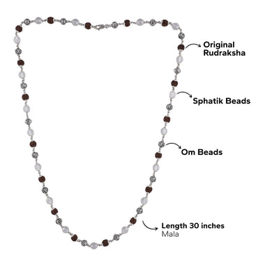 RUDRAKSHA WITH SPHATIK AND OM SILVER BEADS MALA
