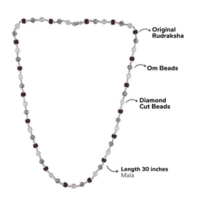 RUDRAKSHA WITH SPHATIK DIAMOND CUT AND OM SILVER BEADS MALA