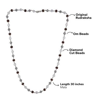 RUDRAKSHA WITH SPHATIK DIAMOND CUT AND OM SILVER BEADS MALA