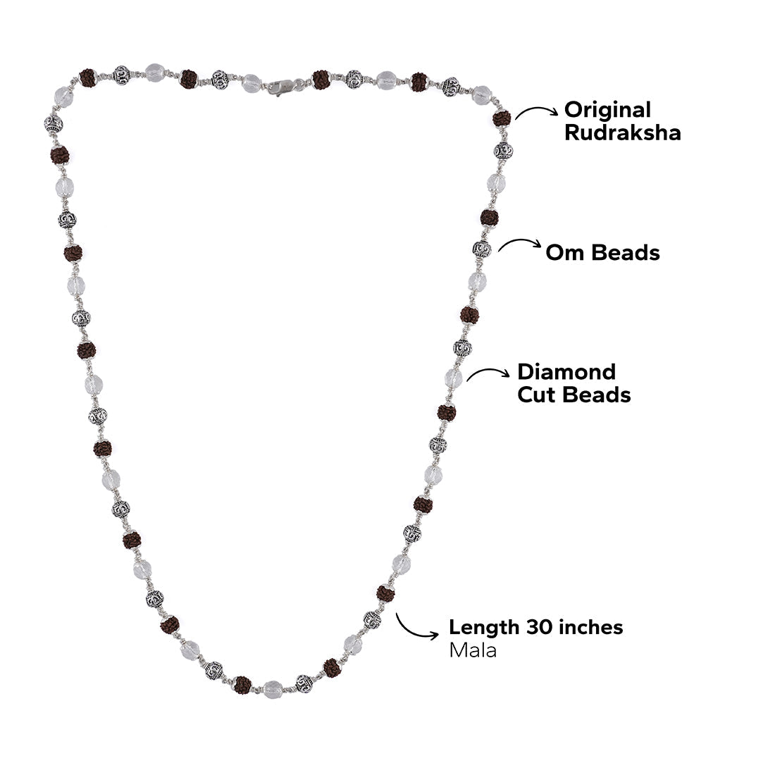 RUDRAKSHA WITH SPHATIK DIAMOND CUT AND OM SILVER BEADS MALA