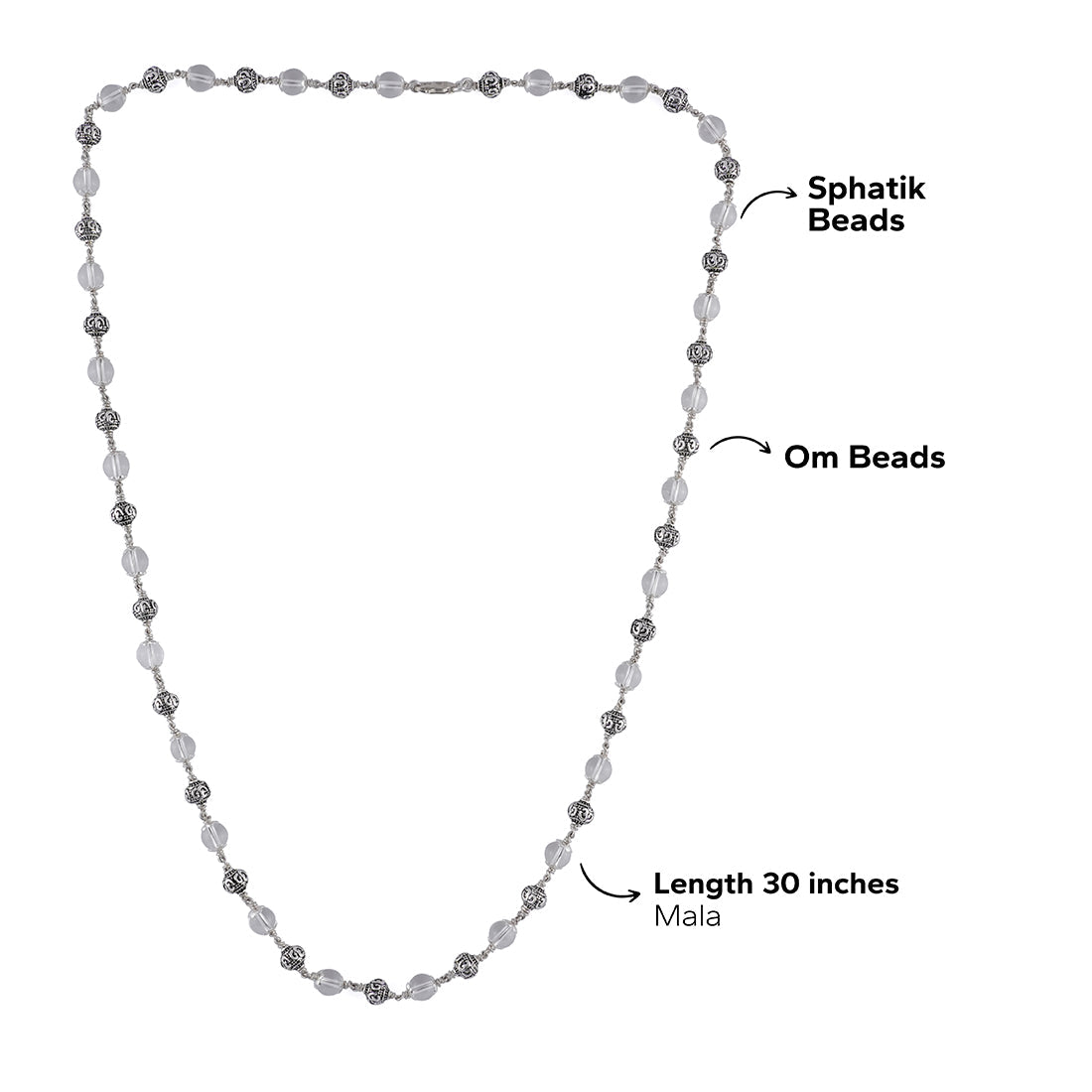 SPHATIK WITH OM SILVER BEADS MALA