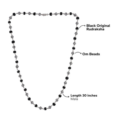 BLACK RUDRAKSHA WITH OM SILVER BEADS MALA