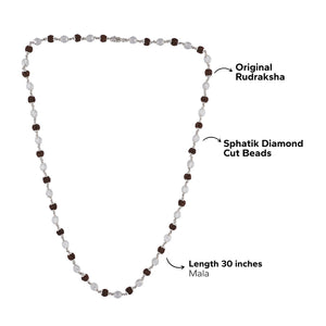 RUDRAKSHA WITH SPHATIK DIAMOND CUT BEADS SILVER MALA