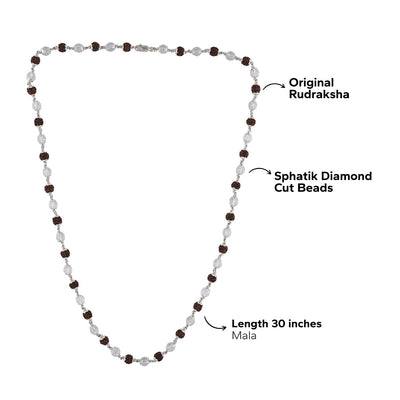 RUDRAKSHA WITH SPHATIK DIAMOND CUT BEADS SILVER MALA
