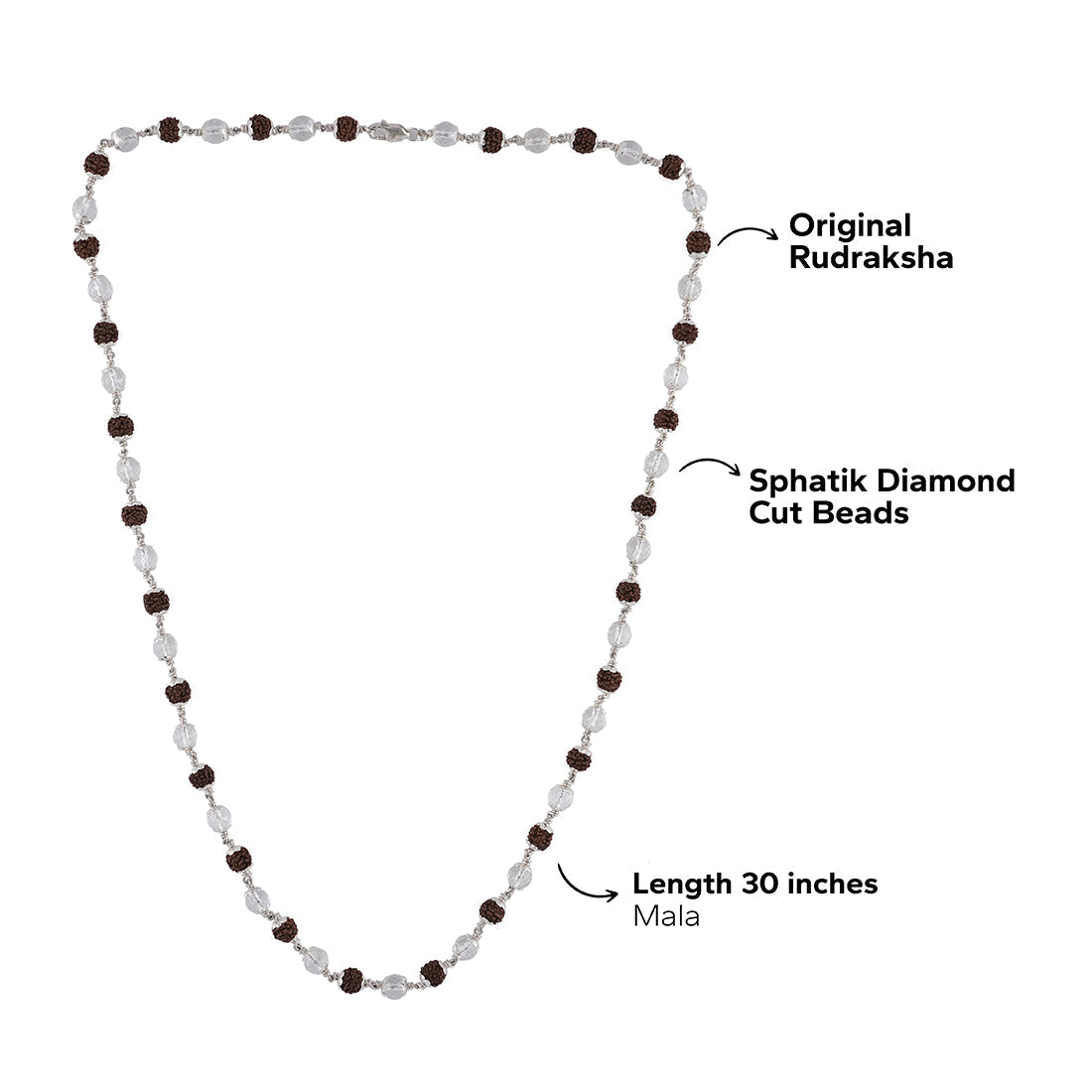 RUDRAKSHA WITH SPHATIK DIAMOND CUT BEADS SILVER MALA