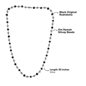 BLACK RUDRAKSHA WITH OM NAMAH SHIVAY SILVER BEADS MALA