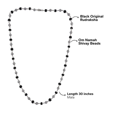 BLACK RUDRAKSHA WITH OM NAMAH SHIVAY SILVER BEADS MALA