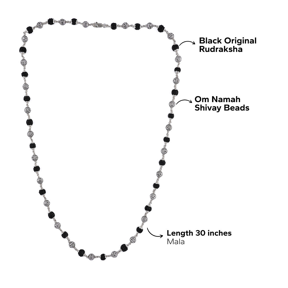 BLACK RUDRAKSHA WITH OM NAMAH SHIVAY SILVER BEADS MALA