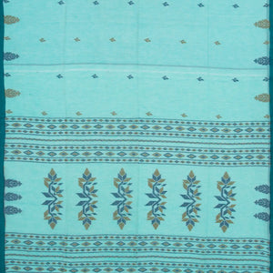 Turquoise Bengal Cotton Saree With Flower Buttas