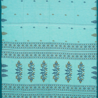 Turquoise Bengal Cotton Saree With Flower Buttas
