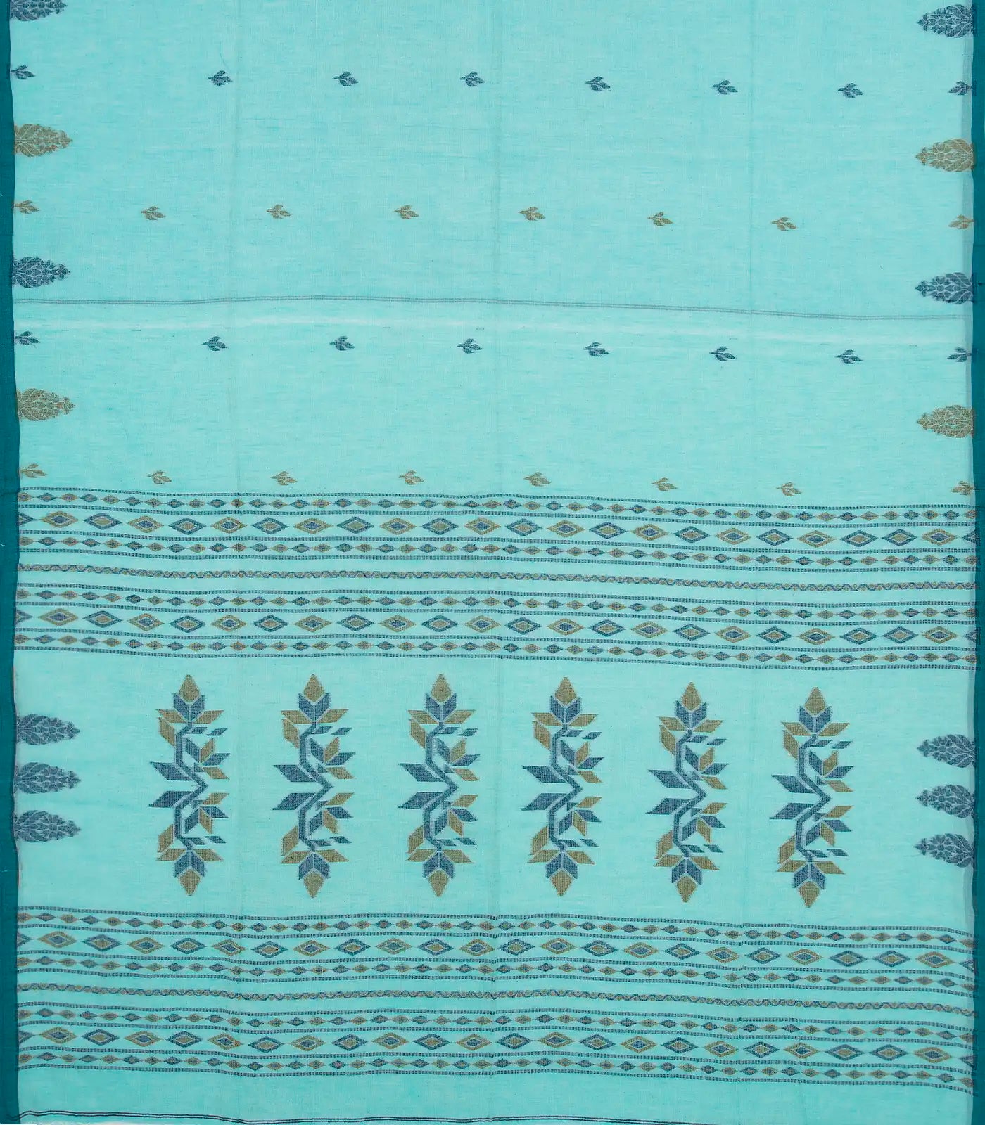 Turquoise Bengal Cotton Saree With Flower Buttas