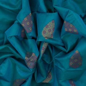 Cyan Handloom Kora Silk Cotton Saree With Buttas & Black Pallu