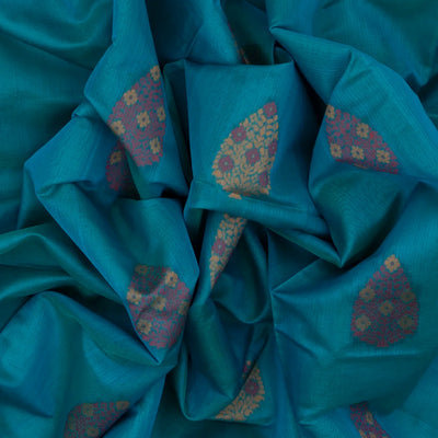 Cyan Handloom Kora Silk Cotton Saree With Buttas & Black Pallu