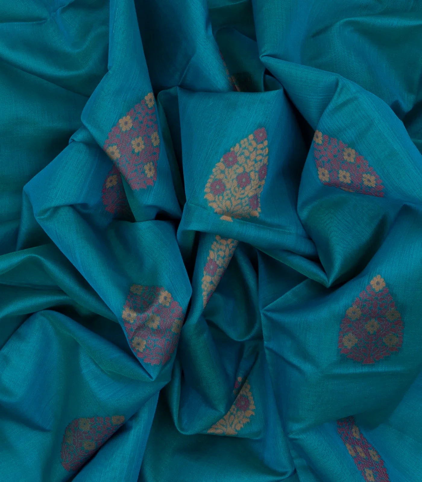 Cyan Handloom Kora Silk Cotton Saree With Buttas & Black Pallu