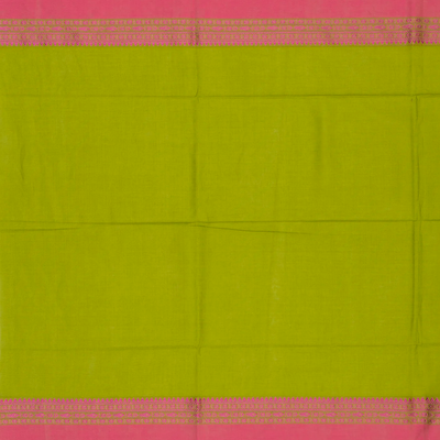 Light Green Handloom Bengal Cotton Saree With Pink Border