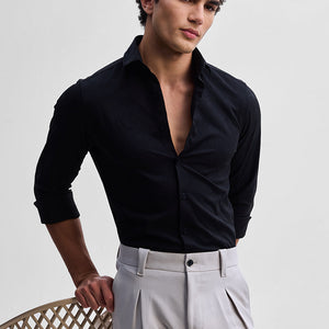 Black Slim Fit Self-Design Shirt