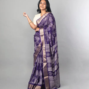 Violet Woven Dola Synthetic Saree Printed With Abstract Motifs