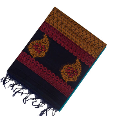 Light Blue Handloom Kora Silk Cotton Saree With Buttas & Black Pallu