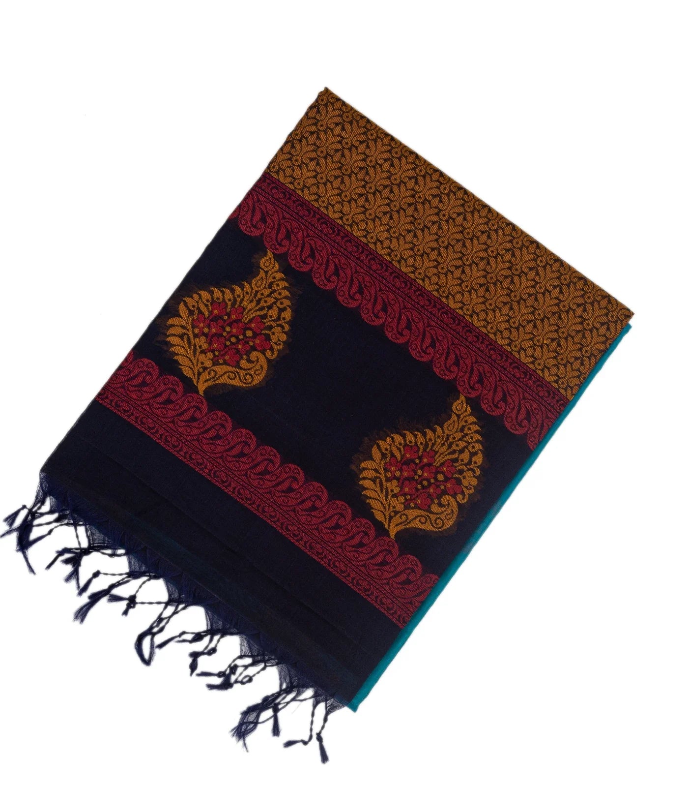 Light Blue Handloom Kora Silk Cotton Saree With Buttas & Black Pallu