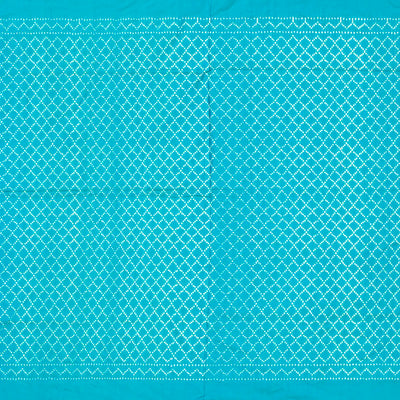 Lime Green Handloom Ikat Silk Saree With Contrast Turquoise Border