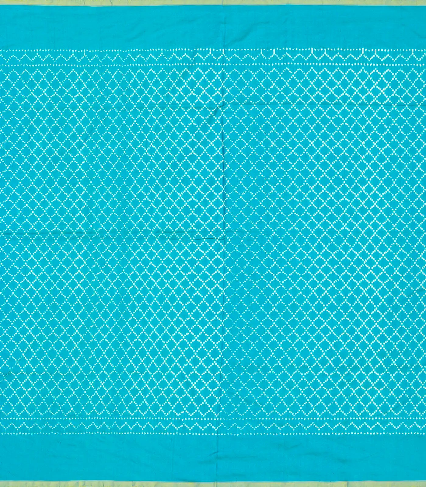 Lime Green Handloom Ikat Silk Saree With Contrast Turquoise Border