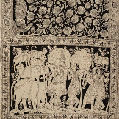 Taupe Cotton Saree With Black Kalamkari Print