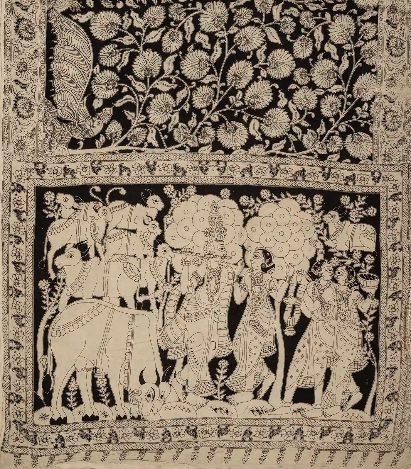 Taupe Cotton Saree With Black Kalamkari Print