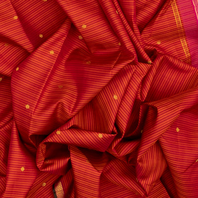 Red Handloom Kanchipuram Silk Saree With Stripes & Buttas