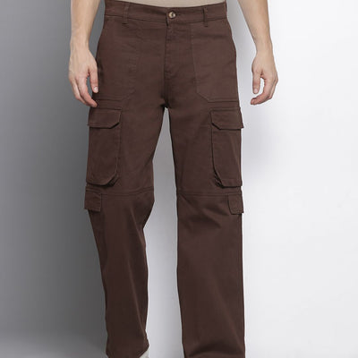 Men's Brown Relaxed Fit Solid Cargos