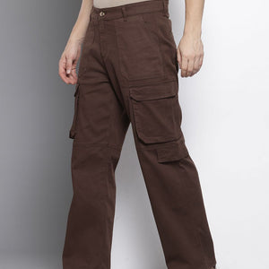 Men's Brown Relaxed Fit Solid Cargos