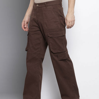 Men's Brown Relaxed Fit Solid Cargos